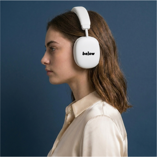 Auriculares blancos Below sobre modelo de perfil
