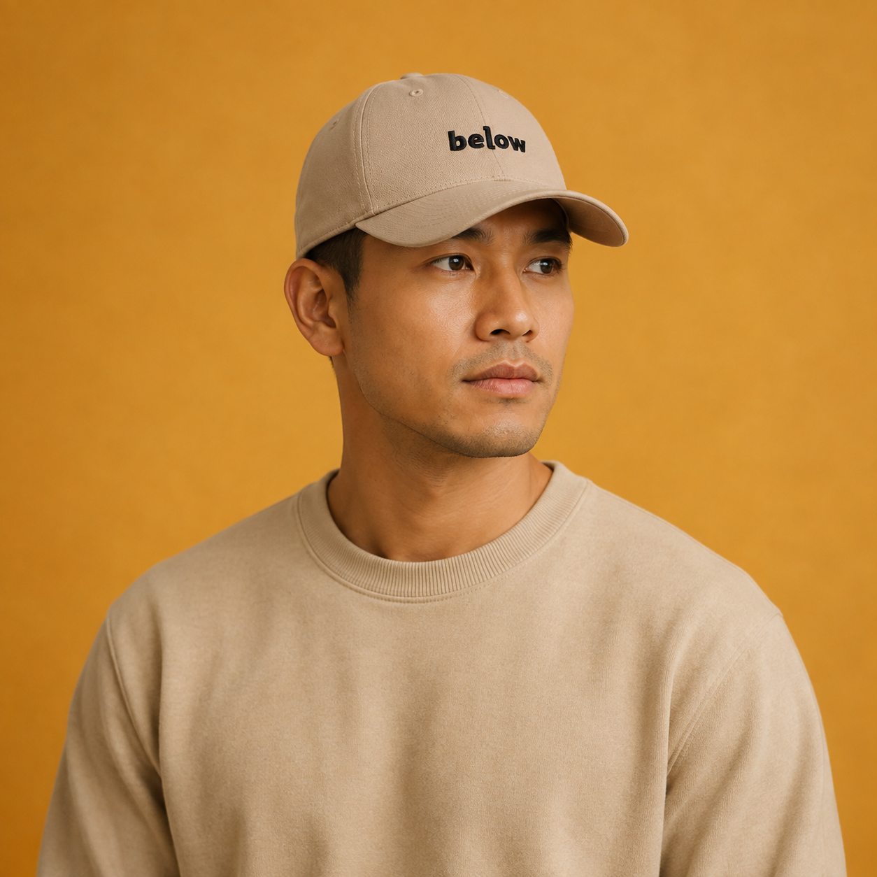 Persona con gorra beige Below sobre fondo mostaza